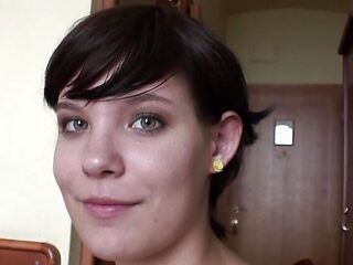 Short haired German girl pleasing her shaved twat with her glass toy