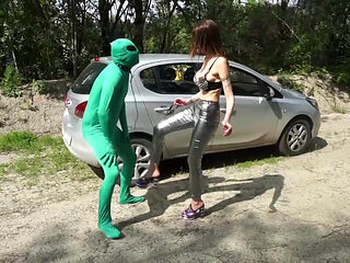 Suited slave gets punished outdoor from femdom chick