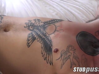 Handsome FTM with hot tattoos masturbates while sucking dick