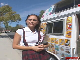 Brunette petite student Teen with small tits has car sex