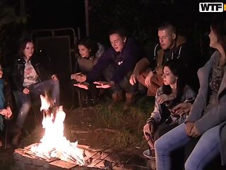 Two guys are fucking a slutty college girl at the same time, during a private party