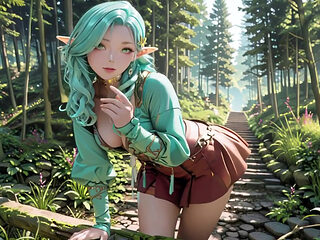 Forest Fantasy! Green-haired Mage & Blue Elf in a Private Walk, Kneeling under dappled sunlight with teasing wands.
