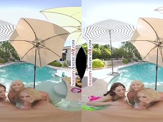 Hotty blondes and sexy VR chick swallow your cock in poolside fun