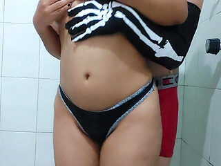 Latina Shower Grinding with Clothes on - Real Insertion Tease