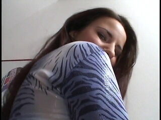 Horny brunette babe gets double penetrated on couch