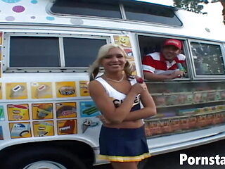 Cheerleader Kacey Jordan with natural tits fucked in a bus