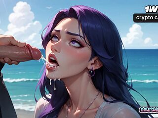 A muscled guy and a purple-haired sweetie in a black bathing suit ravage on an ocean wave - xxx XXX porn!
