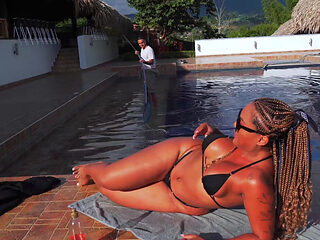 ebony brunette gets fucked on the terrace by her gardener with a huge cock