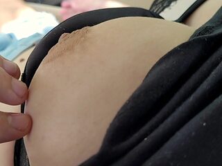 College girl in sexy bra teases cock with big natural boobs
