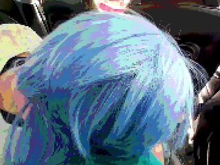 Blue-haired teen slut sucks cock in car