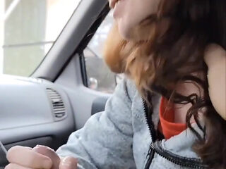 brunette teen girlfriend deepthroats big dick in the car , and takes cum in mouth
