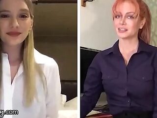 Lingerie-clad blonde and redhead babes get naughty on webcam during quarantine