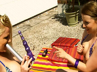 Lesbians in Hot Scene 3: Blonde and Brunette MILFs in Bikinis Enjoy Using Their Dildos Together Until Orgasm