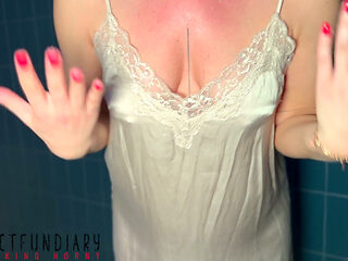 Curvy Lady in Silk Satin Dress Getting Wet and Transparent - Bathroom Sex - Projectfundiary