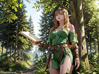 Green Elf in the Forest Secret! Kneeling gaze under dappled sunlight, a dreamy tease with fingertips touching her lips.