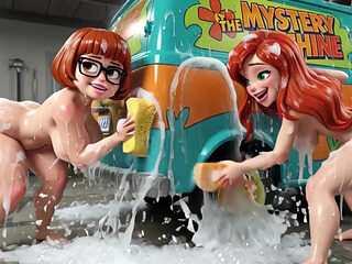 Velma and Daphne Enjoy a Sensual Soapy Nude Car Wash Cleaning the Classic Mystery Machine Van Thoroughly