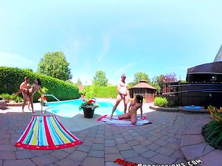 Sexy Shana and wild Heidi in a steamy bikini fling with a raunchy four-way orgy by the pool