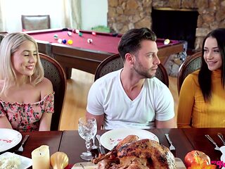 Small titted, blonde honey is getting banged during a family lunch and eating pussy along the way