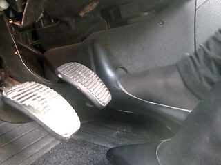 Pedal Pumping in Black Pantyhose and Grey Patent High Heels