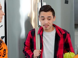 Halloween sex with a brown-haired babe and a Latino