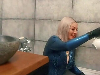 Bath Relax in Latex Rubber with Milk, Romantic Funny Fetish Video