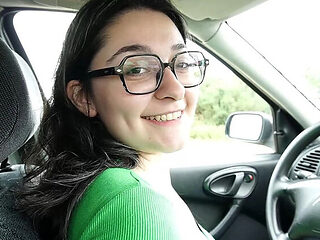 Car Blowjob in Public - Spanish Amateur with Glasses Swallows Cum