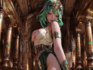 Green-Haired Egyptian Queen! Kneeling in the Golden Hall, guarded by Sphinxes.