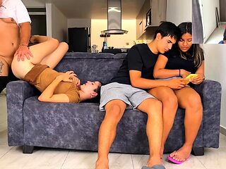 I fuck my rich wife while my family watches TV