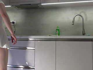 Big Tits Big Ass Hot and Cute Beautiful New Wife Takes Her G-string off to Flash Her Tight Shaved Pussy in the Kitchen