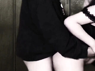 Teen in Skirt and Fishnet Stockings Gets Creampie in Elevator