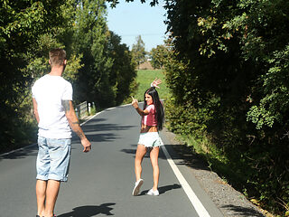 Italian petite strips down in nature and fingers her pussy