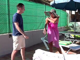Busty grandma Molly Maracas fucks a guy near the pool