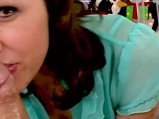 Sexy milf Katie Angel POV blowjob and swallow on x-mas