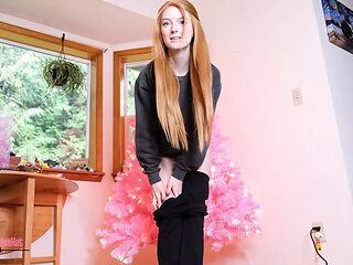 POV Helping Petite Redhead Jerk Off Without Pants While Tree Decorating - Small Tits & Booty