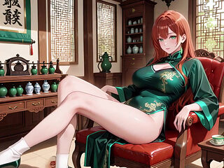 Red Hair & Emerald Qipao! Lazy Seduction in the Eastern Courtyard.