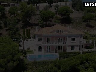 Step-sisters enjoy lesbian sex by the pool in a romantic setting.