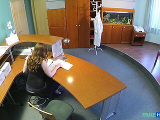 Hot redhead Helen sucks cock for job security in hospital office