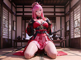 Pink-haired warrior kneeling on tatami, high-slit kimono slipping to reveal snowy thighs.
