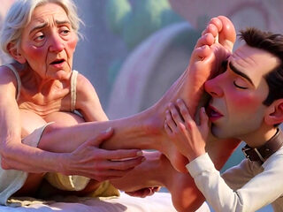 Giantess Old Granny Foot Slave Worship - Tiny Man Licking Her Giant Feet
