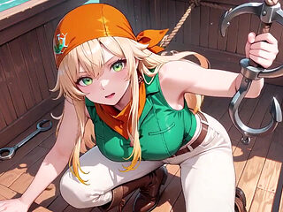 Blonde Pirate Captain! Green Uniform & Rough Ropes on a Sunny Deck. Languid Poses, Long Legs Exposed, and That Teasing Gaze