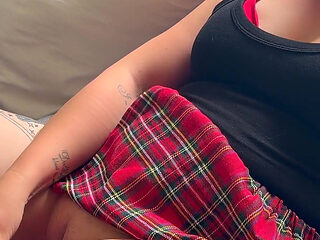 Horny Schoolgirl Fucks Her Pussy While Smoking with a Dildo
