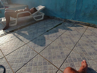 Exhibitionism in the Pool Fucking in the Backyard and Cum in the Hairy Slut's Mouth!