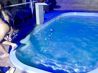 Caught in the act! Two brunettes get caught masturbating in the condo pool