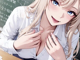 Blonde Teacher! the Fatal Seduction Under an Open White Shirt, Lazily Leaning on the Classroom Desk