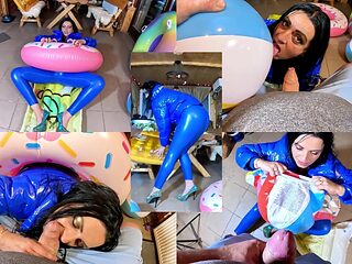 Dominant MILF in leather pants and glossy downjacket plays with beach ball
