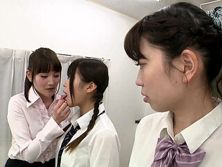 Saliva-covered teen lesbians lick in uniform!