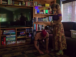 BITCH STEPMOM Makes her Fem Pussy HOUSEBOY Vacuum then turns him into her Footrest