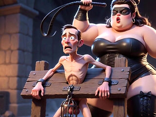 Fat Dominatrix Whips Slaves Caged Penis - Extreme Humiliation