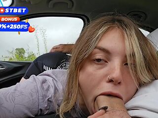 Curvy blonde beauty gives amazing BJ and rides big cock in public