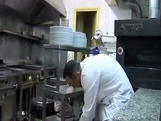 French babe gets double-fucked in the kitchen
